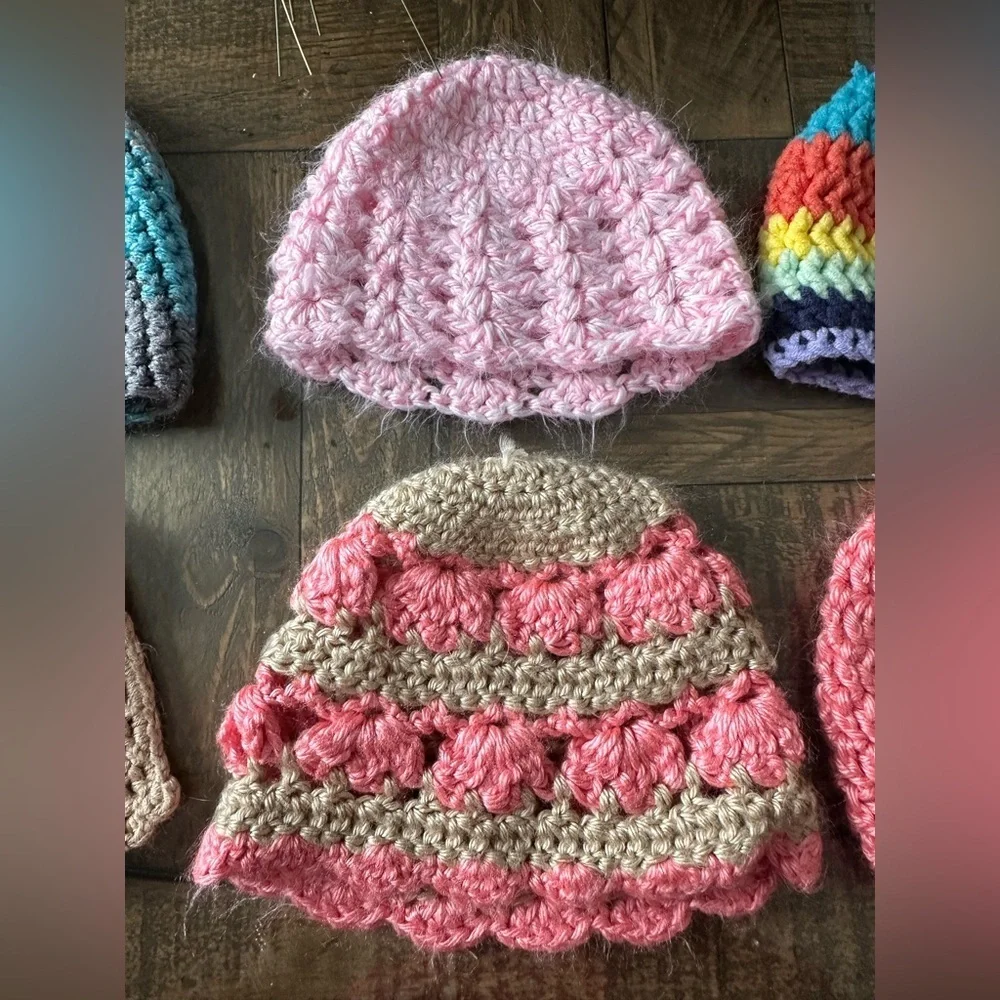 Baby Girls Lot 6 Crochet Knit Beanie Hat Pink Blue Rainbow Handmade Warm READ